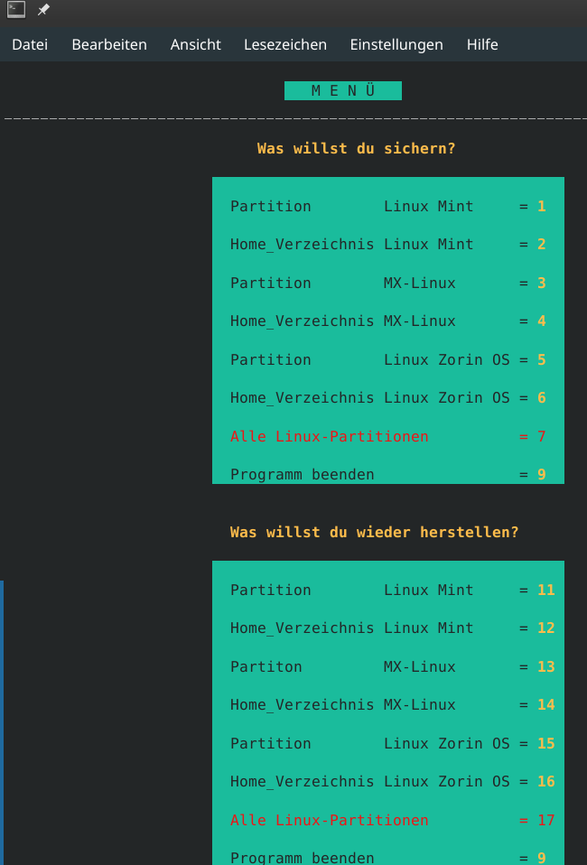 Menüansicht des Projektes Datensicherung